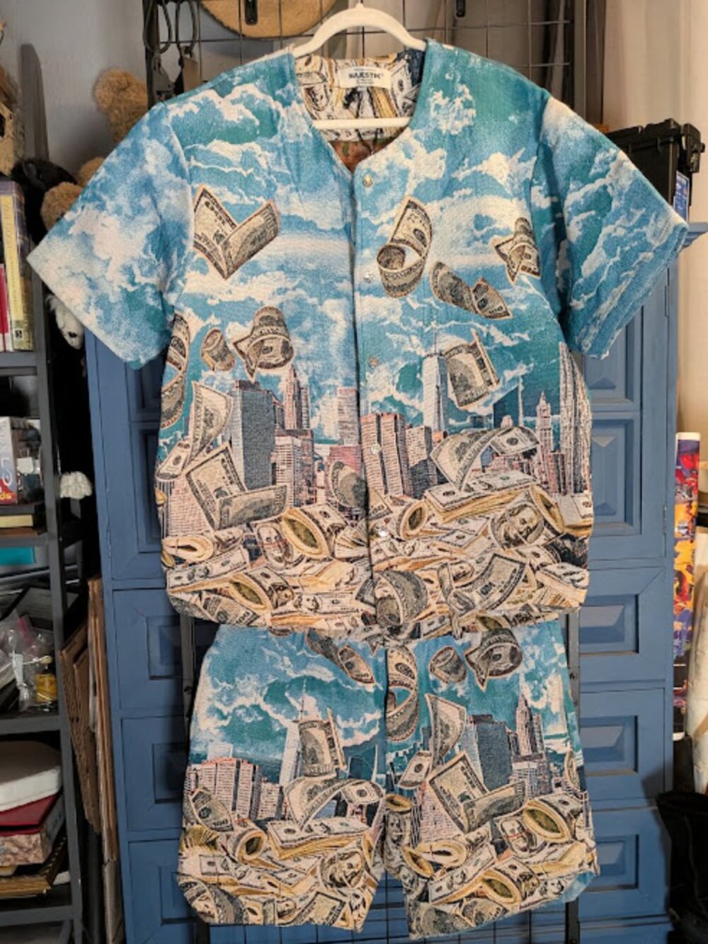 MAJESTIC Matching Set Graphic- Blue Sky, Cityscape & Falling Money Tapestry